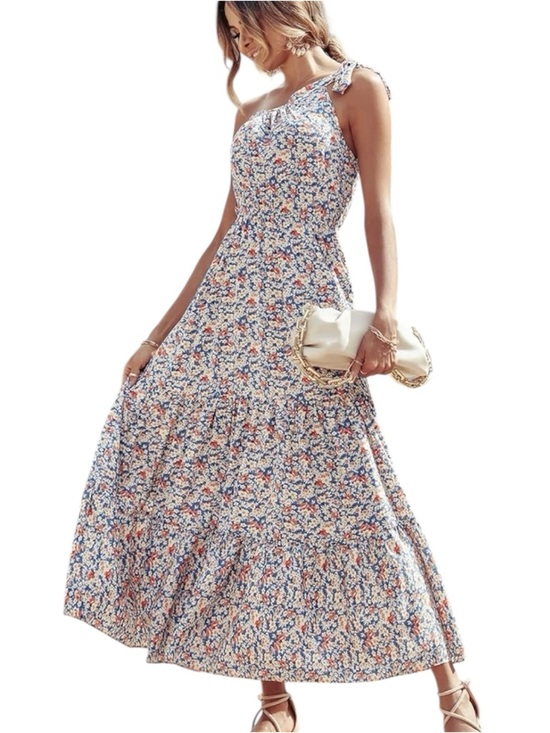 PrettyGarden Dresses & Skirts - PrettyGarden Blue Boho Floral Tiered One Shoulder Maxi Dress Sz M Coastal Beach